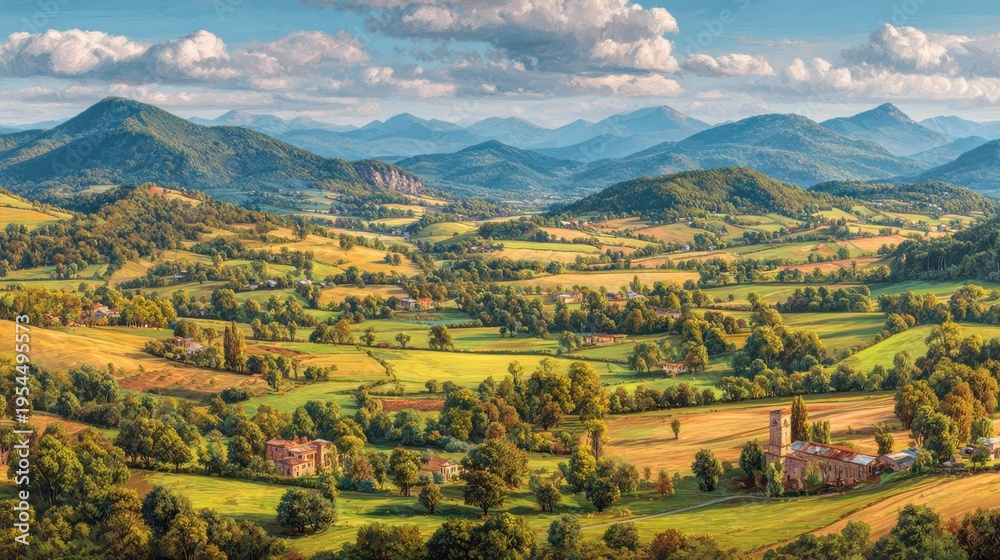 Naklejka premium Serene Rural Landscape with Rolling Hills, Lush Green Fields, Mountains in Background and Dramatic Cloudy Sky