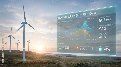 Futuristic card focused renewable energy forecasting featuring clean layout broad blank area concept. Futuristic wind farm with renewable energy forecast interface.