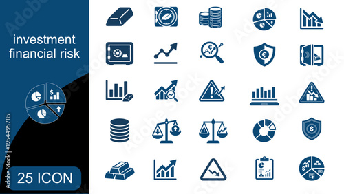 Investment financial risk management and economic strategy concept. Set of twenty five blue business icons including gold bars, bank vault, money coins, market charts, and warning signs.