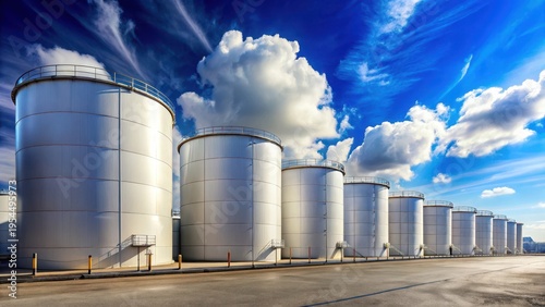 Large row of cylindrical oil storage tanks under a clear blue sky with a few fluffy white clouds , outdoor storage, industrial facility