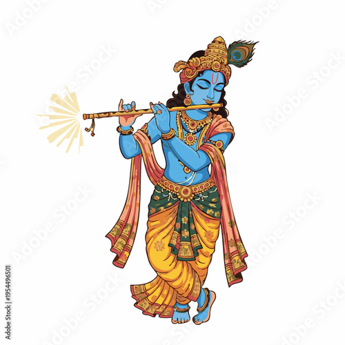 Lord Krishna Playing Flute Divine Illustration on White Background