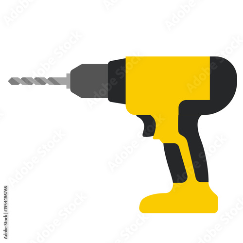 Yellow power drill icon for construction work, labor day, drilling tools, skilled trades, professional equipment, building projects, and worker craftsmanship.