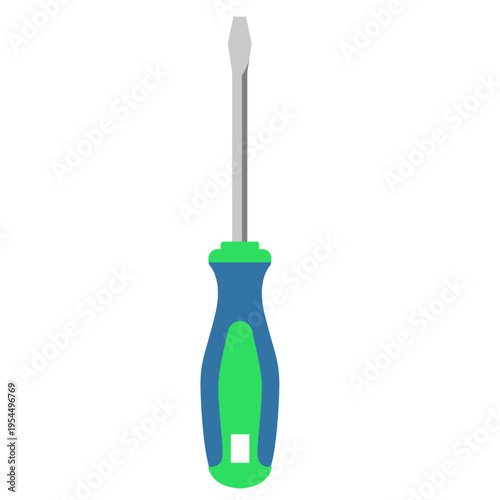 Green and blue screwdriver icon for electrical work, labor day, construction tools, repair services, skilled trades, professional equipment, assembly, and technical craftsmanship.