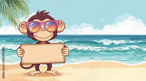 A cheerful cartoon monkey wearing oversized pink sunglasses with rainbow lenses, standing on a sunny beach and holding a blank sign