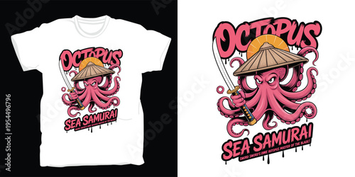 Octopus sea samurai warrior character illustration with katana sword and bamboo hat