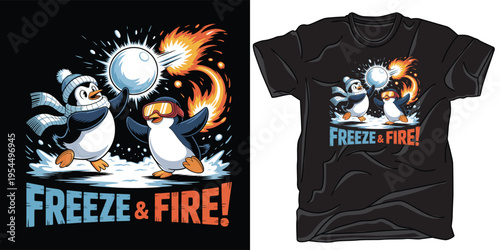 Penguins playing with snowballs and fire, cartoon character design