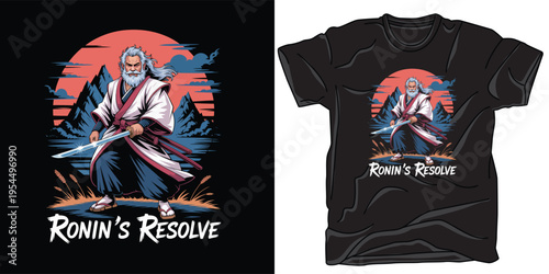 Ronin's resolve t-shirt design with a samurai warrior holding a katana vector