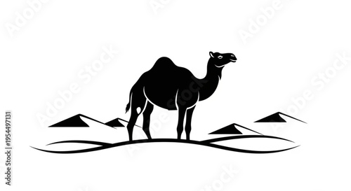 Minimalist Black and White Silhouette of Camel in Desert Landscape