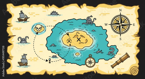 Vintage treasure map with island compass ships and pirate symbols on parchment