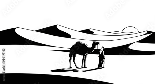 Black and White Vector Illustration of Arab Man Leading Dromedary Camel Through Desert