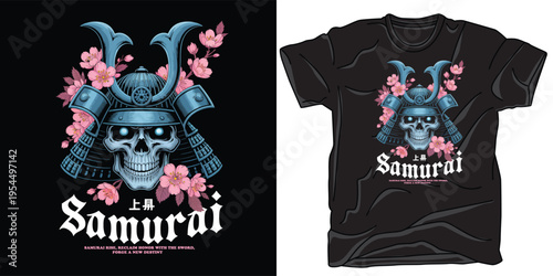 Samurai skull in armor with cherry blossoms and text on dark background shirt
