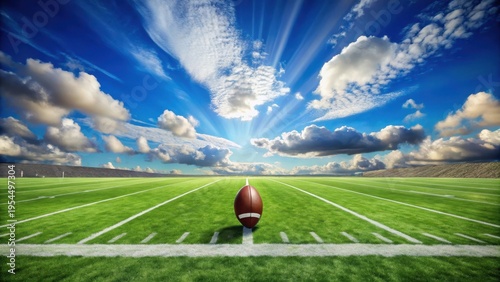 Detailed landscape of an American Football Field with a bright blue sky and fluffy white clouds - football field background illustration , american football, clouds