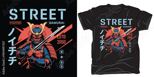 Samurai warrior with sword in ready stance on abstract background