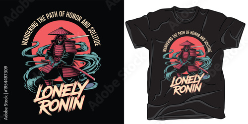 Samurai warrior illustration for tshirt design with lonely ronin text and sun