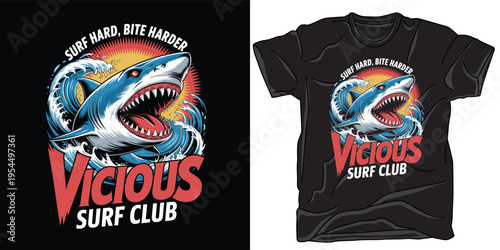Shark surfing vector art illustration for t-shirt design concept surf hard bite harder