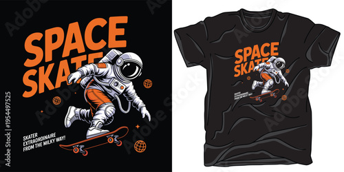 Space skater t shirt design astronaut on skateboard in galaxy
