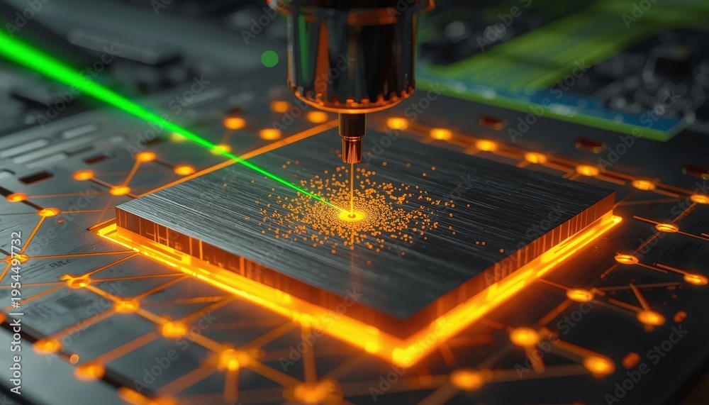 Naklejka premium Laser doping for selective emitter – Green laser beam scanning wafer surface driving dopant into silicon, Precision laser processing in photovoltaic production, green laser scanning silicon wafer