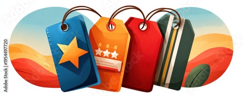 Colorful tag icons with star rating and price labels on string over abstract desert background