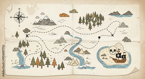 Vintage pirate treasure map with skull ship mountains forests and winding river