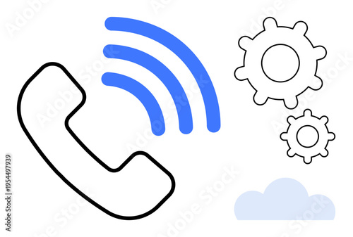Telecommunications, technology, cloud services, connectivity, customer support, workflow optimization. Black phone receiver with signal waves, gears and a cloud symbol. Telecommunications and cloud