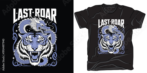 Tiger and dragon head roar illustration for vintage aesthetic t-shirt print art