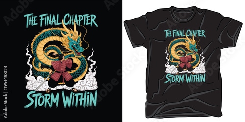 Warrior fighting dragon illustration with the final chapter storm within text