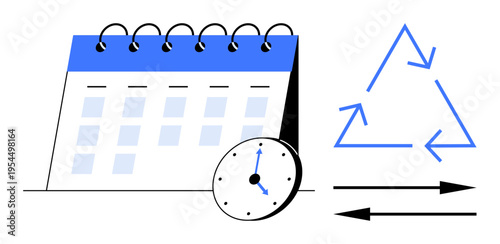 Time management, scheduling, recycling, sustainability, planning, efficiency. Calendar with clock and recycling symbol with arrows. Time management and scheduling concept