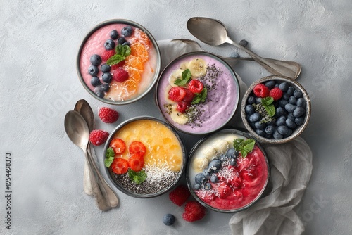 Wallpaper Mural Colorful smoothie bowls assortment top view healthy breakfast with fresh fruits and superfoods Torontodigital.ca