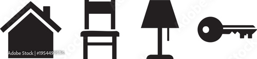 Collection of icons representing home, chair, lamp, and key, stylized in a simple graphic forma