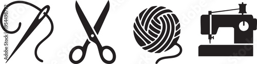 Set of four sewing and crafting icons: needle with thread, scissors, yarn ball, and sewing mach