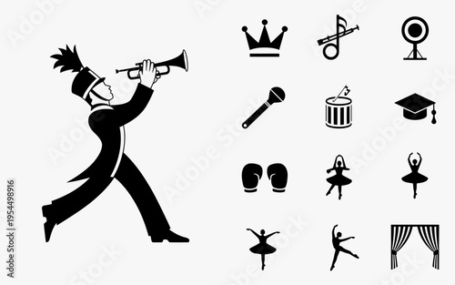 Black and white silhouette of a marching band trumpet player accompanied by diverse sport icons isolated on white background, Vector, illustration