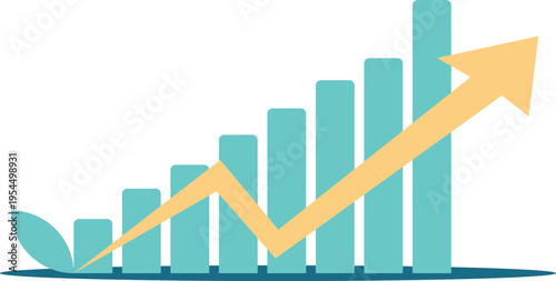 A graph showing growth and progress over time, graph, growth, progress, chart, data, statistics, increase, success, business, finance, economy, upward, trend, arrow, bar, teal, yellow