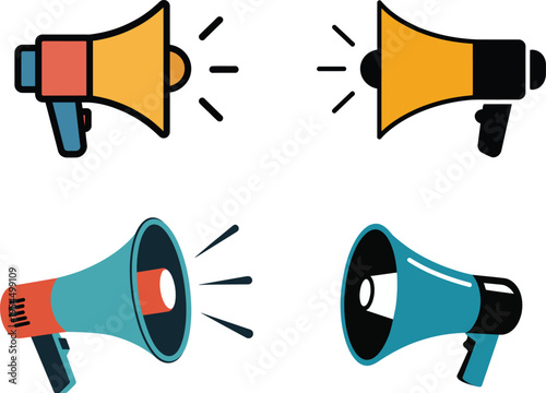 A set of four different colored megaphone icons, megaphone, icon, speaker, loudspeaker, amplifier, microphone, announcement, communication, public address, sound, voice, yellow, red, blue, black