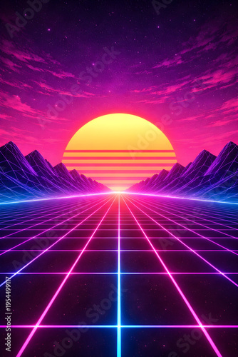 Neon retro futuristic sunset landscape with grid lines