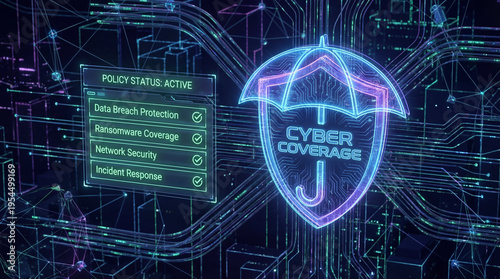 Cyber insurance policy checklist umbrella shield concept. Illustration of cyber security protection with digital elements.