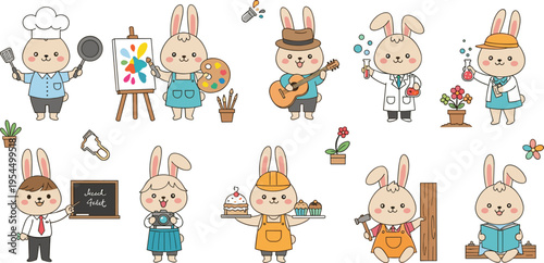 Cute Bunny Professions Characters Set with Various Jobs and Occupations Including Chef, Artist, Teacher, Doctor and Musician Cartoon Vector Collection for Kids Designs