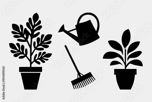Black silhouette collection featuring two potted indoor plants a garden rake and a watering can isolated on white background, Vector, illustration