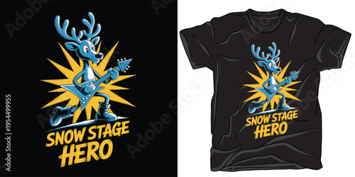 Snow stage hero blue deer reindeer guitarist cartoon mascot character for tshirt