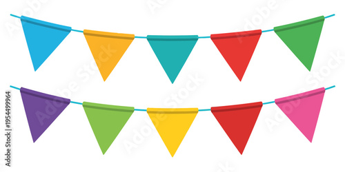 Two rows of vibrant triangular bunting flags hanging on a string for decorative party celebrations isolated on white background, Vector, illustration