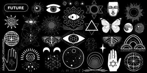 Mystical collection of eyes hands celestial bodies and geometric shapes