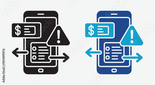 Mobile phones exchanging data with warning signs and silhouette
