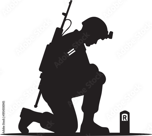 Soldier praying silhouette vector illustration, kneeling warrior, military solemn concept