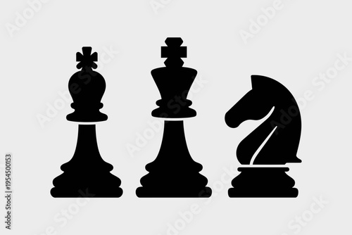 Black silhouette icons of a chess bishop, a chess king, and a knight chess piece for board games isolated on white background, Vector, illustration