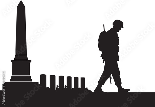 Soldier silhouette illustration with memorial obelisk, row of gravestones, and remembrance