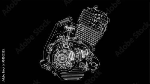 Motorcycle engine black tech, glowing mechanical diagram