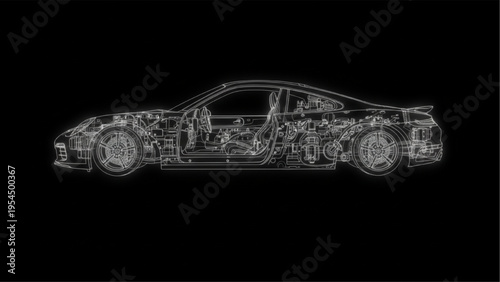 Car cutaway illustration, vehicle engineering technical diagram
