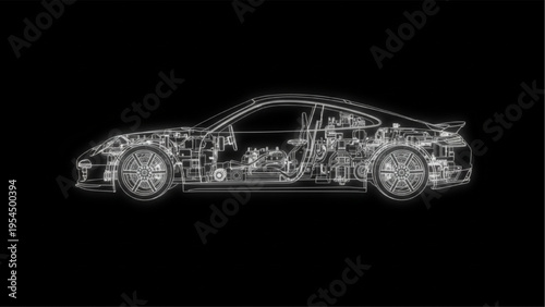 Car cutaway diagram, vehicle internal structure technical drawing