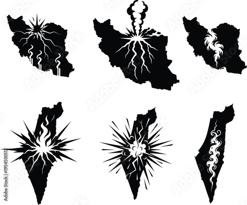 Iran and Israel map silhouettes with explosion and smoke icons set, middle east conflict and war concept. Military strikes, and the geopolitical tensions within the Middle East.
