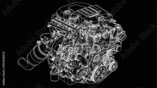 Turbo engine black tech illustration, glowing mechanical diagram