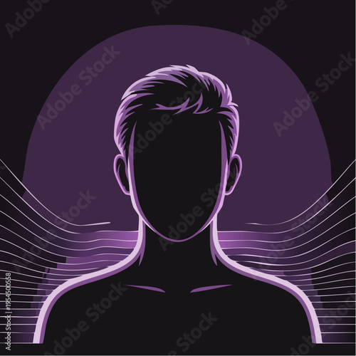 Purple silhouette of a man with short hair and neon lines